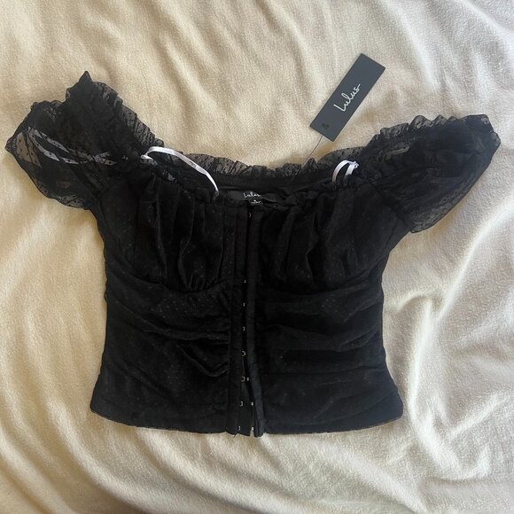 Lulu's, Black, Regal Radiance Black Mesh Bustier Crop Top - Picture 1 of 2